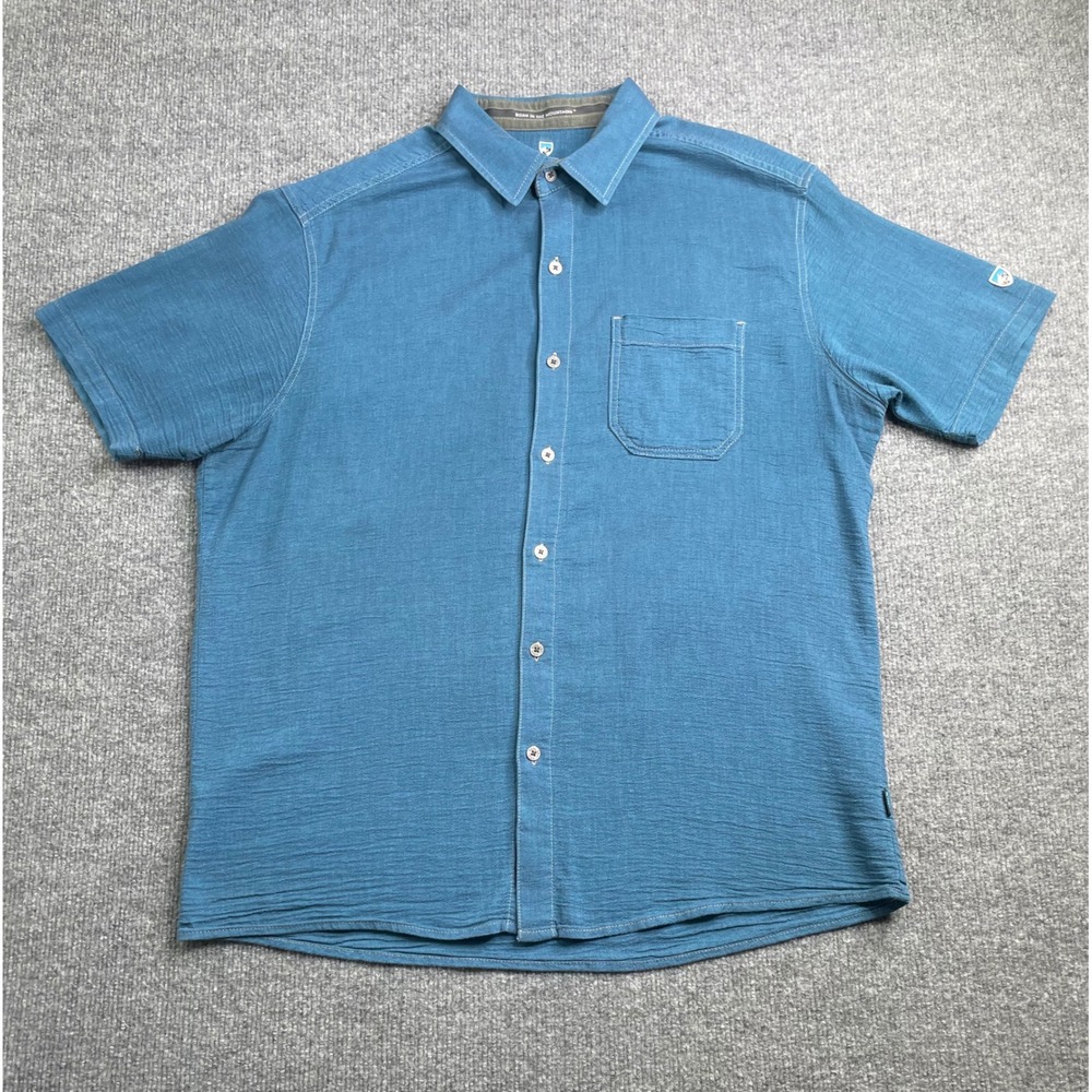 Kuhl Button Down Shirt Mens Large Blue Short Sleeve Organic Cotton Textured
